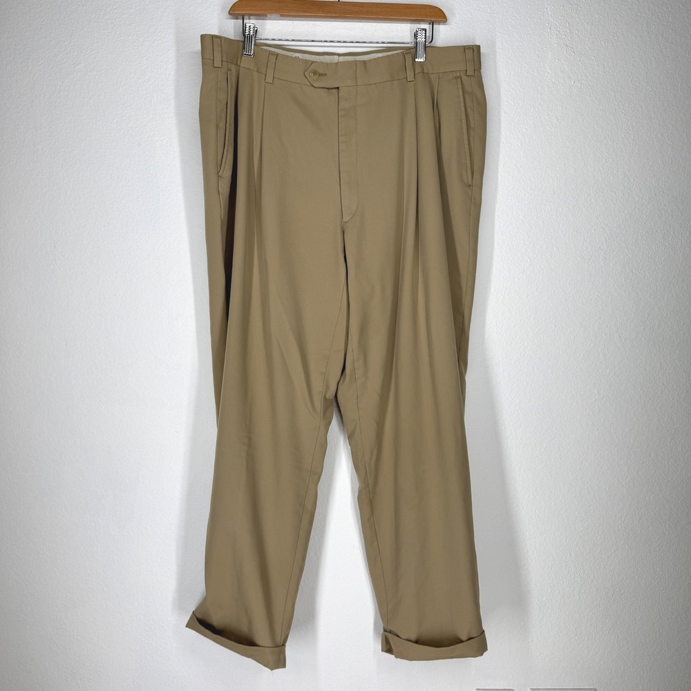 Burberrys Mens Vintage Super 100s Wool Pleated Dress Pants Tan Khaki 37 38x30